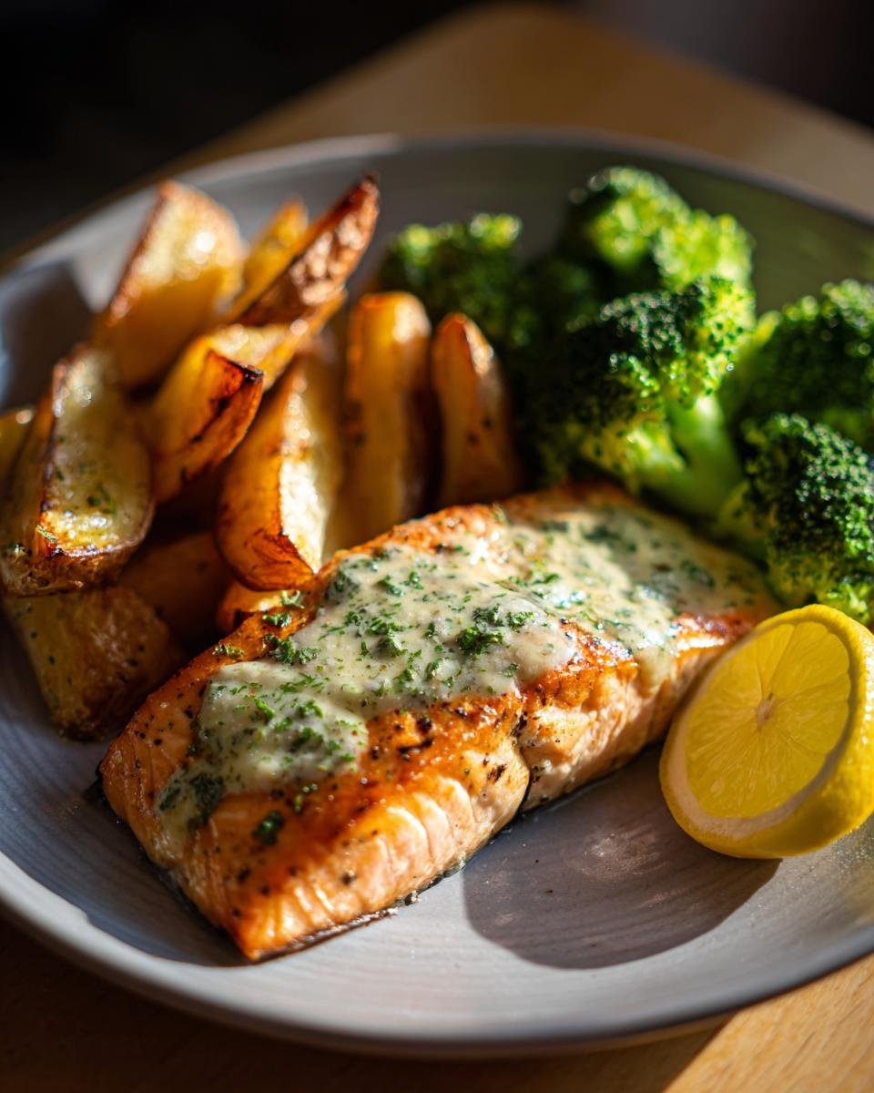 Zitronenbutterlachs mit knusprigen Kartoffeln und Brokkoli auf einem Teller mit einer Zitronenscheibe.