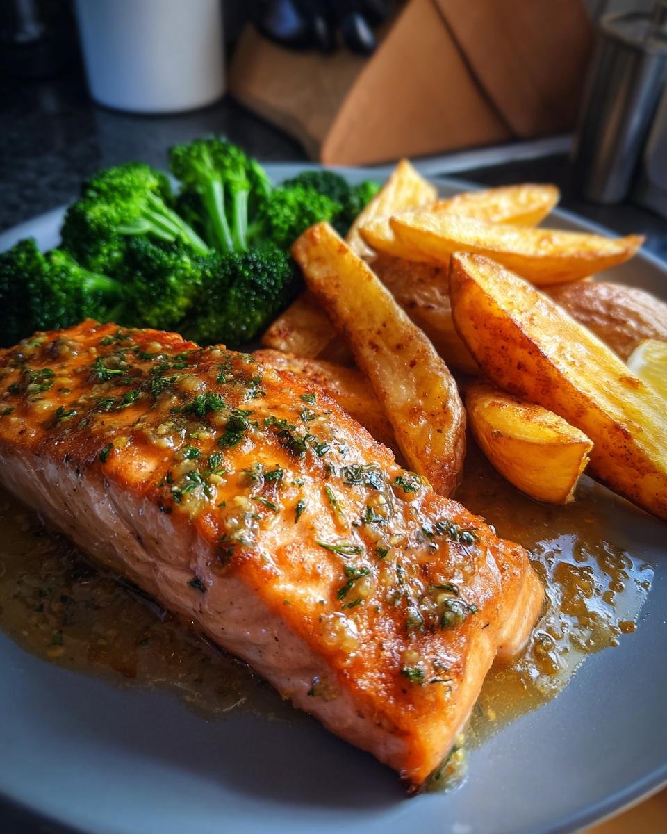 Zitronenbutterlachs mit knusprigen Kartoffeln und Brokkoli auf einem Teller angerichtet.
