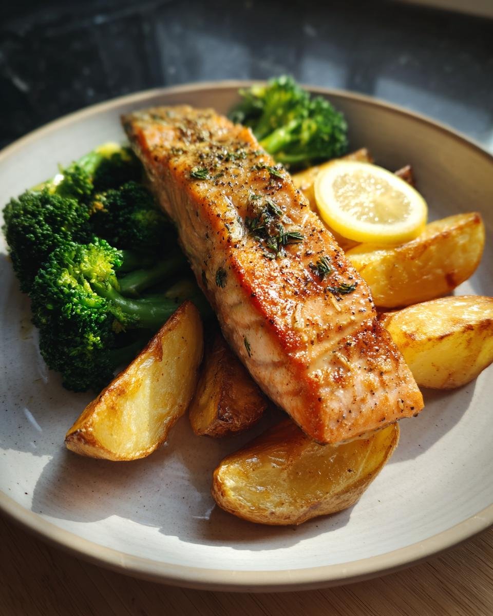 Teller mit Zitronenbutterlachs, knusprigen Kartoffeln und Brokkoli.