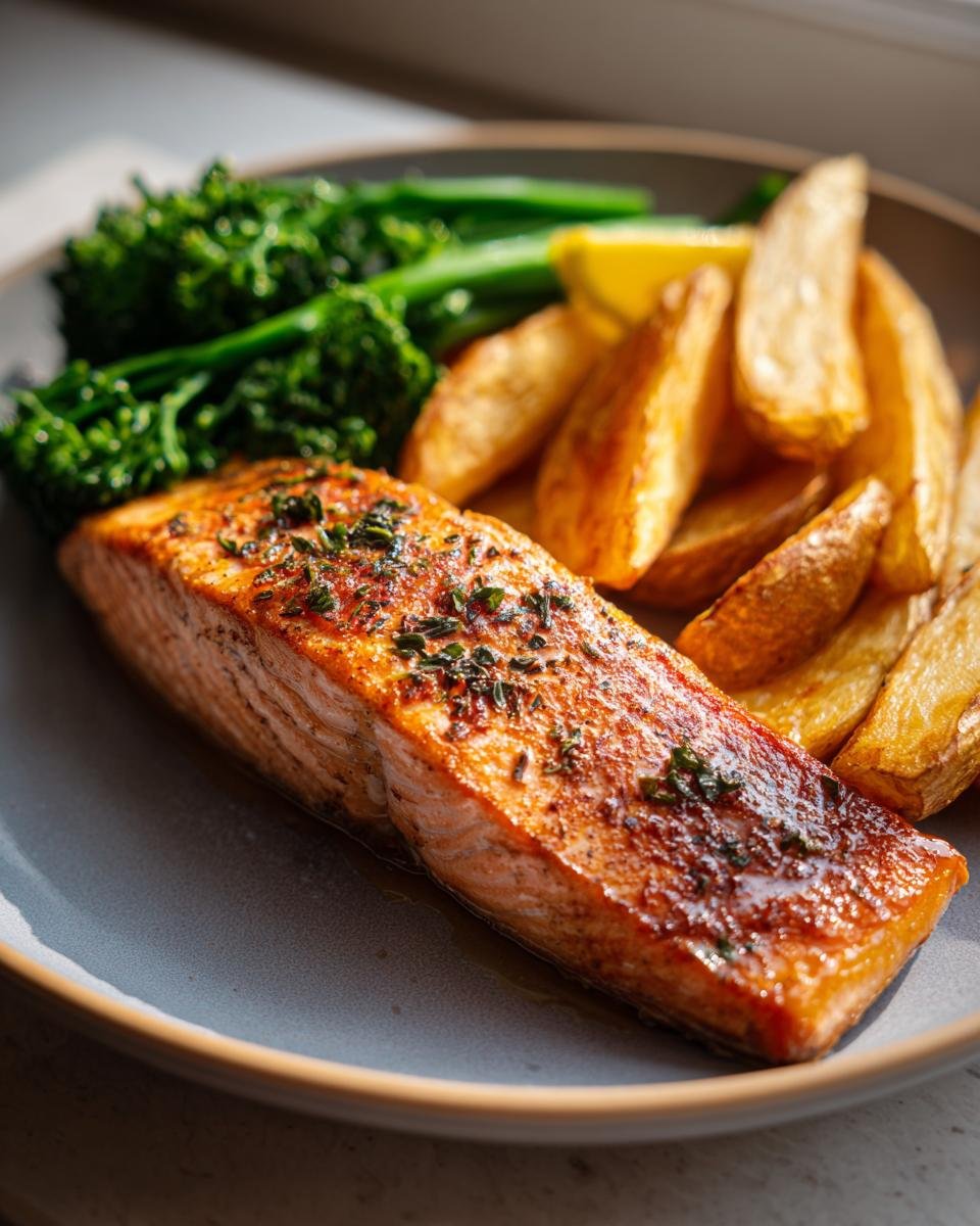 Zitronenbutterlachs mit knusprigen Kartoffeln und Brokkoli auf einem Teller angerichtet.