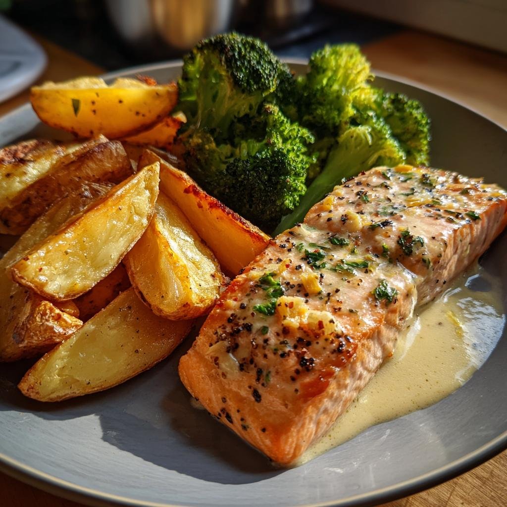 Zitronenbutterlachs mit knusprigen Kartoffeln und Brokkoli auf einem Teller serviert.