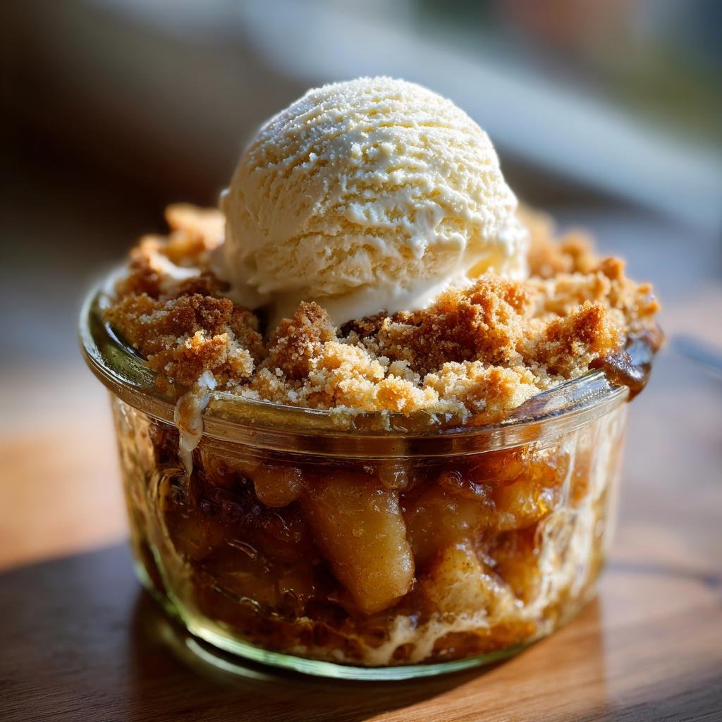 Ein köstlicher Apfel Crumble mit Vanilleeis im Glas, garniert mit Zimt und Streuseln.
