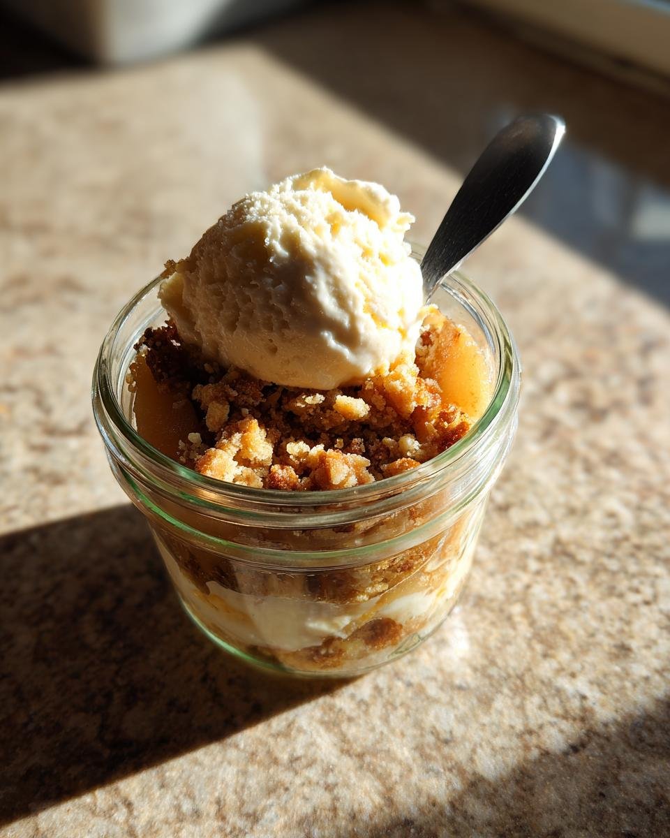 Apfel Crumble mit Vanilleeis im Glas, ein köstliches Dessert in einem Glas mit Löffel.