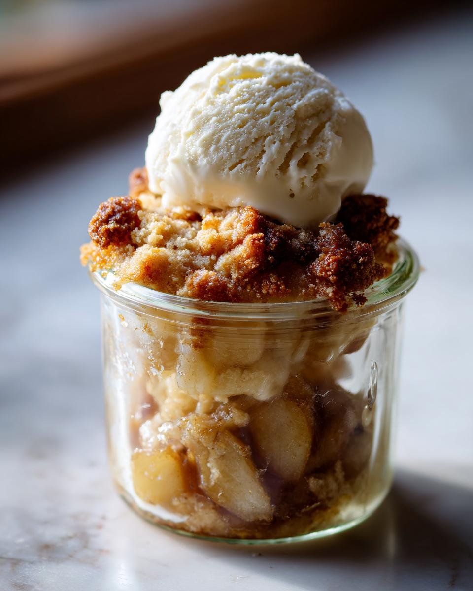 Apfel Crumble mit Vanilleeis im Glas: Ein Glas gefüllt mit Apfelstückchen und Streuseln, gekrönt von einer Kugel Vanilleeis.
