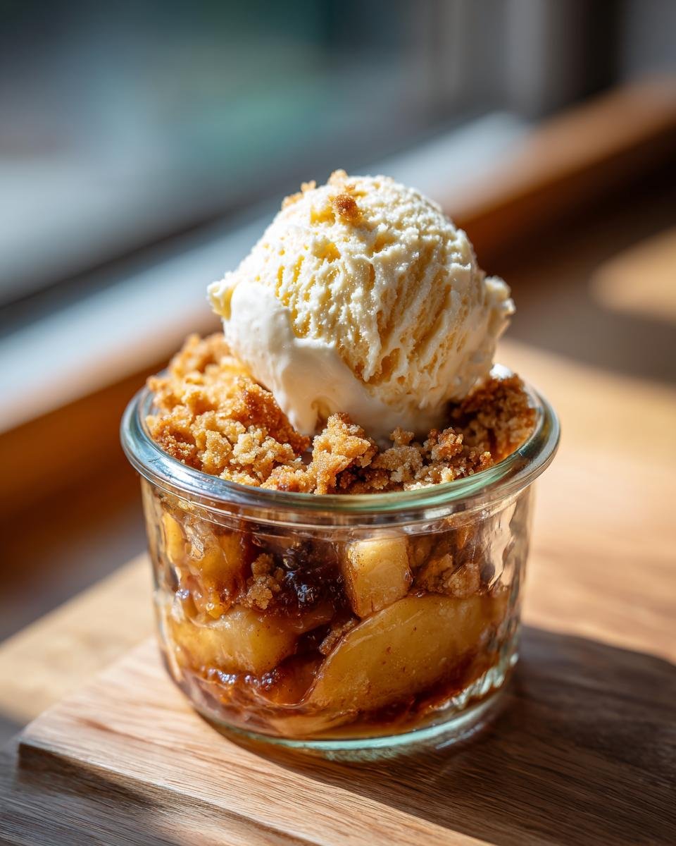 Apfel Crumble mit Vanilleeis im Glas, ein köstliches Dessert mit Äpfeln und Streuseln, serviert mit einer Kugel Vanilleeis.