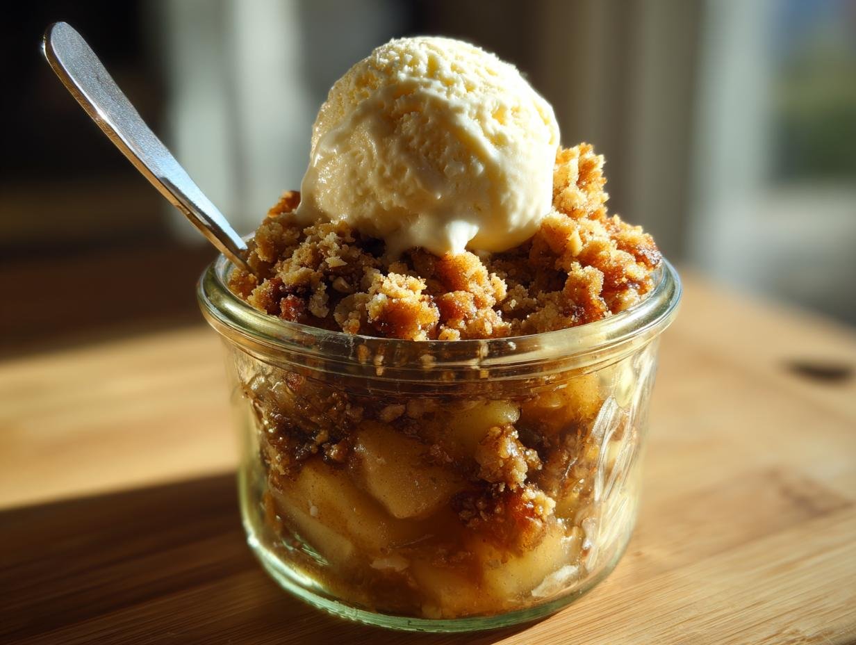 Apfel Crumble mit Vanilleeis im Glas auf einem Holztisch, mit einem Löffel darin.