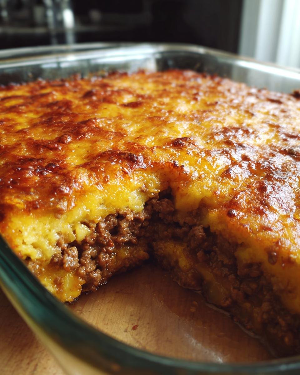 A close-up of a golden-brown baked Arme-Leute-Ehemann Auflauf with a slice removed, revealing layers of ground meat and potato.
