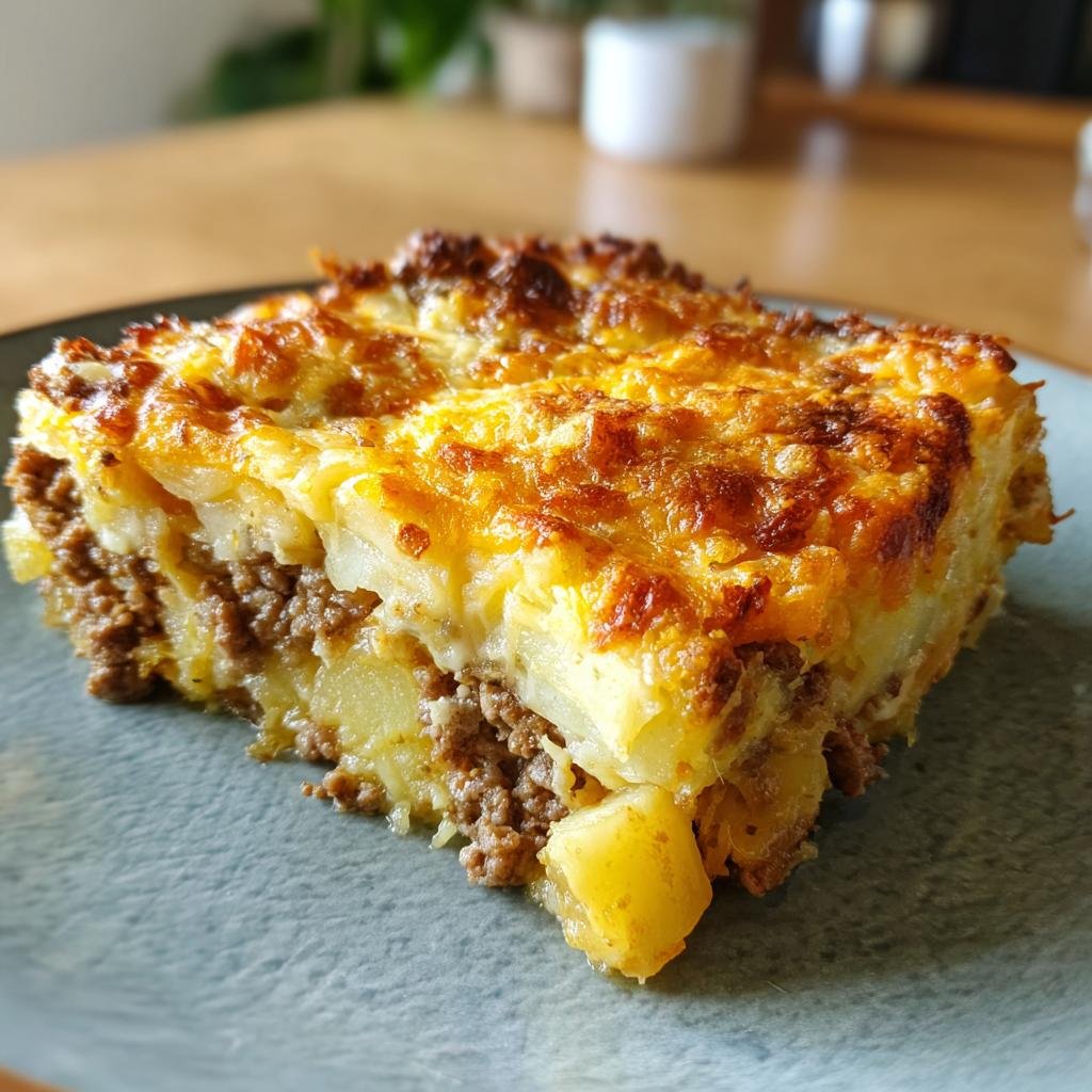 A delicious slice of Arme-Leute-Ehemann Auflauf, featuring layers of potatoes and ground meat with a golden-brown cheese topping.