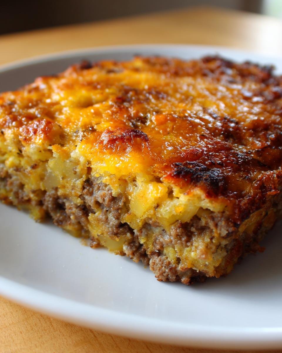 A hearty slice of Arme-Leute-Ehemann Auflauf, featuring layers of ground meat and potatoes topped with melted cheese.