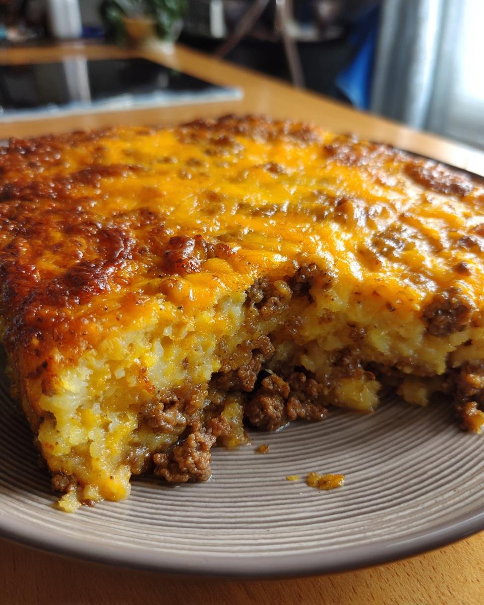 A close-up of a slice of Arme-Leute-Ehemann Auflauf, showing layers of ground meat and potatoes topped with melted cheese.