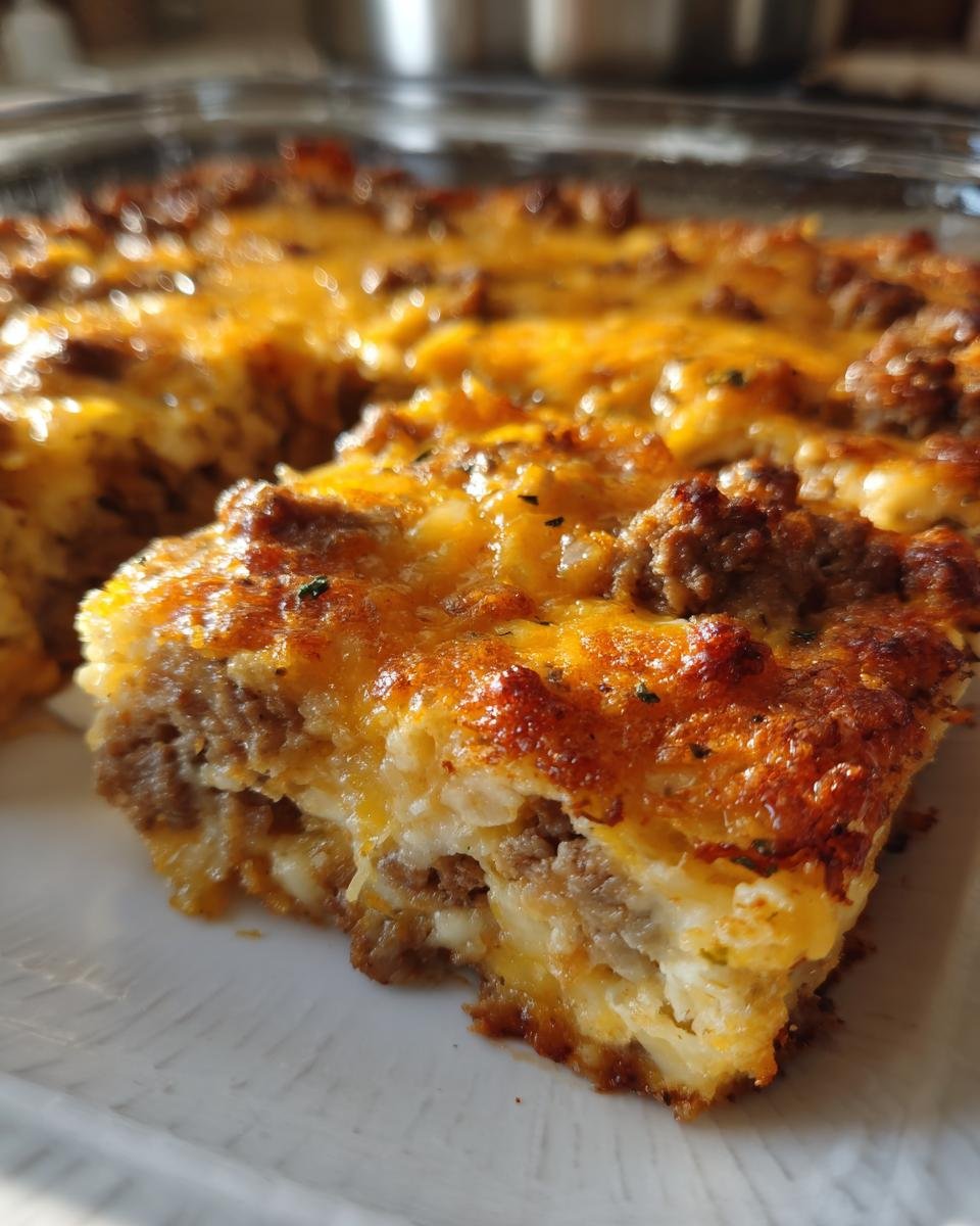 A close-up of a slice of Arme-Leute-Ehemann Auflauf, showing layers of ground meat and melted cheese.