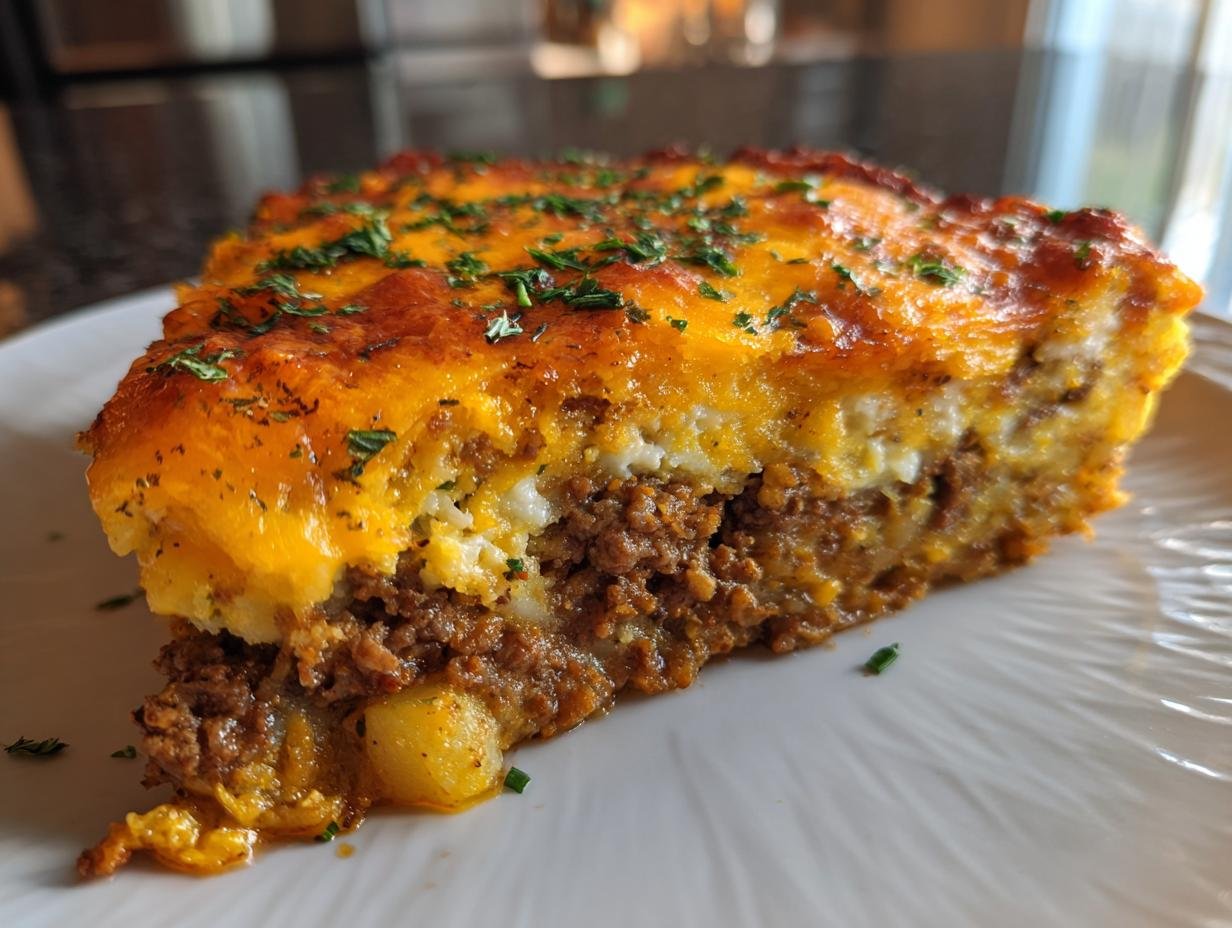 A hearty slice of Arme-Leute-Ehemann Auflauf, featuring layers of ground meat, mashed potatoes, and melted cheese, garnished with parsley.
