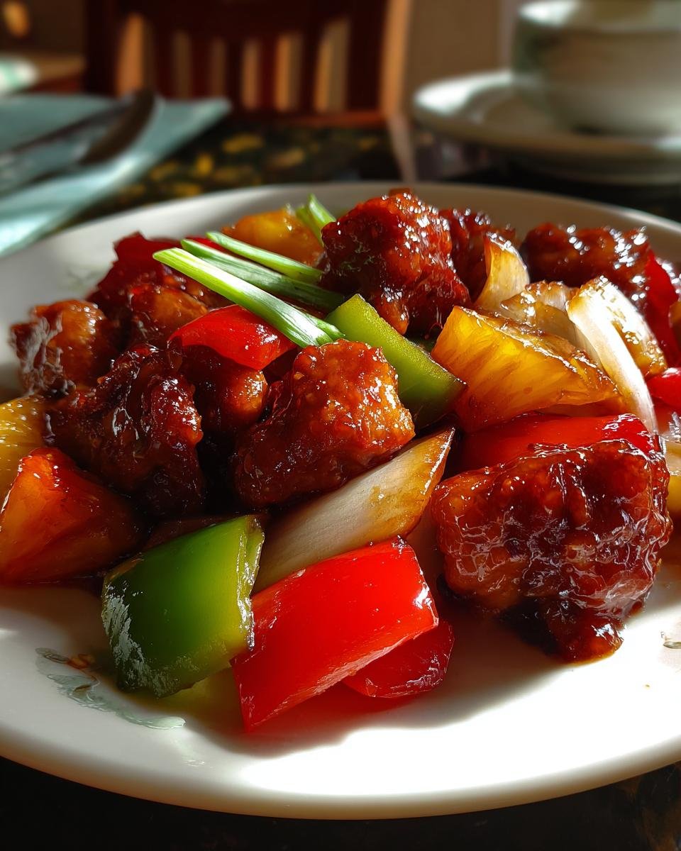 Asia Hähnchen süß-sauer mit Gemüse auf einem Teller mit Paprika, Ananas und Frühlingszwiebeln.