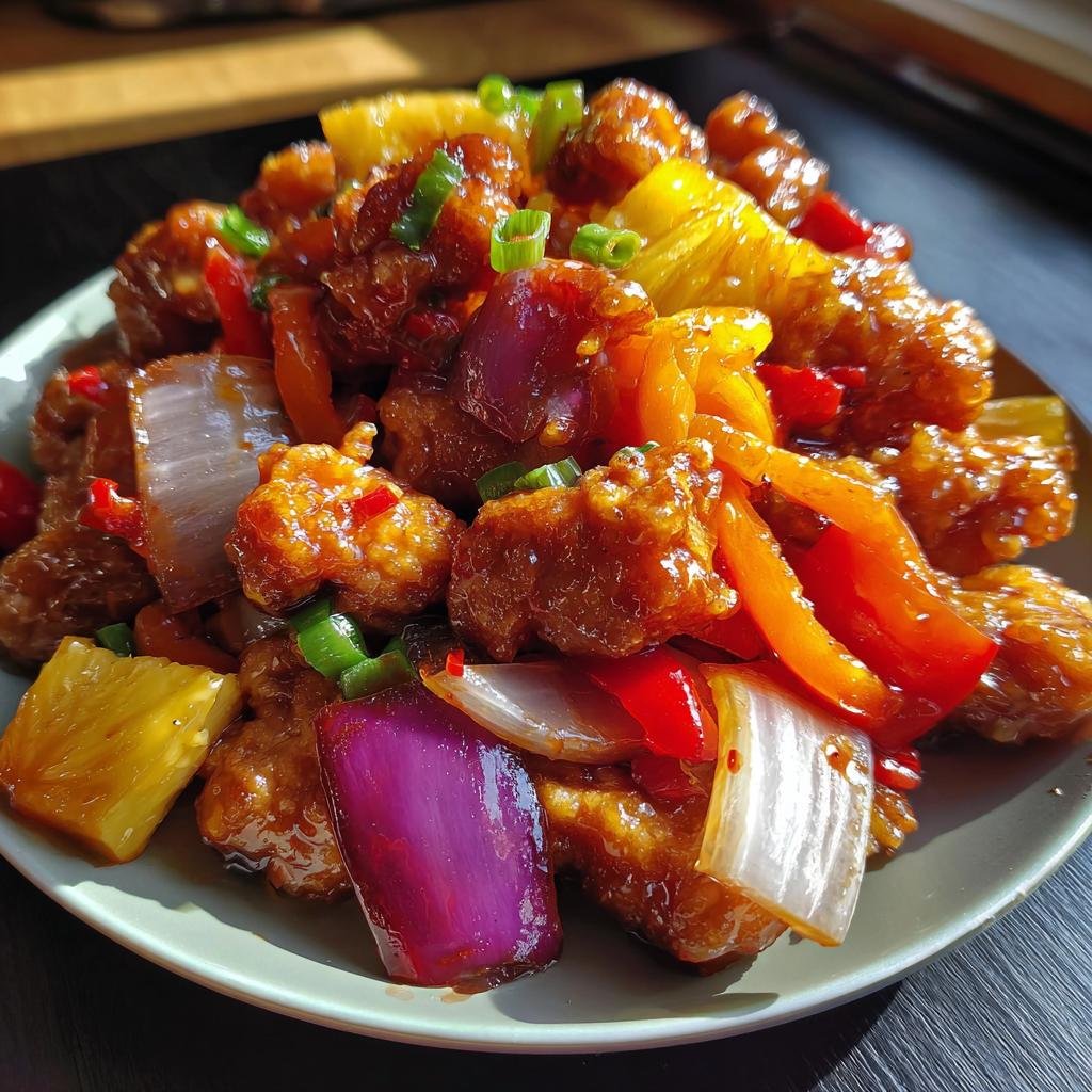 Asia Hähnchen süß-sauer mit Gemüse auf einem Teller, mit Ananas, Paprika und Zwiebeln.