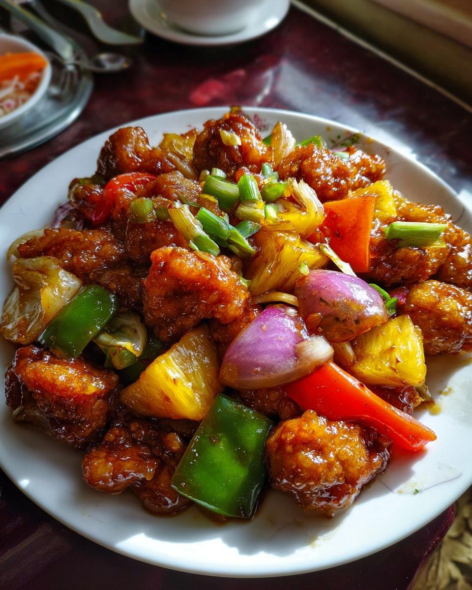 Asia Hähnchen süß-sauer mit Gemüse, ein Gericht mit knusprigem Hähnchen, Ananas, Paprika und Zwiebeln.