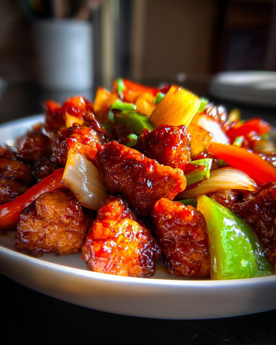 Asia Hähnchen süß-sauer mit Gemüse auf einem Teller mit Paprika, Zwiebeln und Ananas.