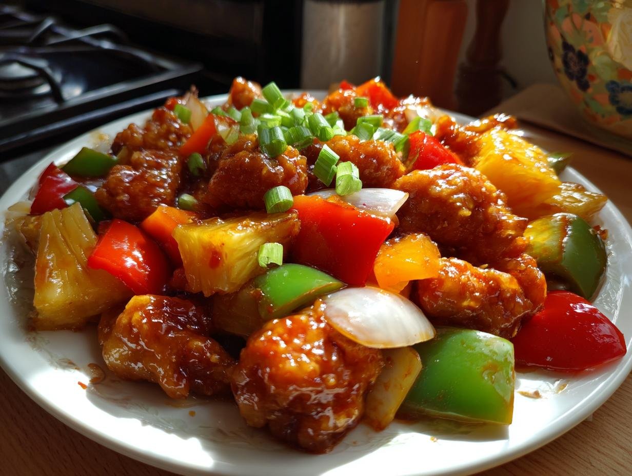 Asia Hähnchen süß-sauer mit Gemüse auf einem Teller, mit Paprika, Ananas und Frühlingszwiebeln.