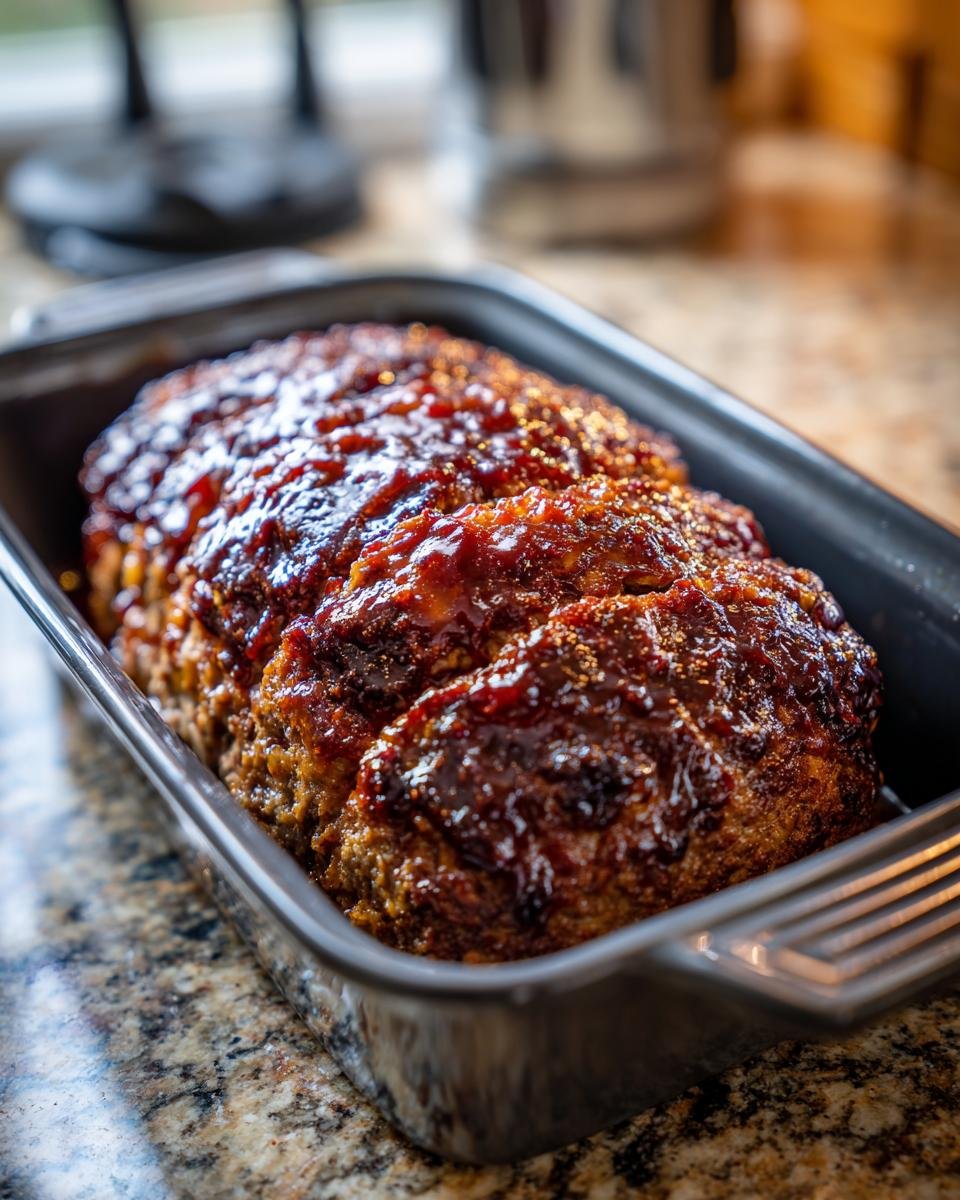 Ein saftiger Bester Hackbraten aus dem Ofen mit glänzender Glasur in einem dunklen Bräter.