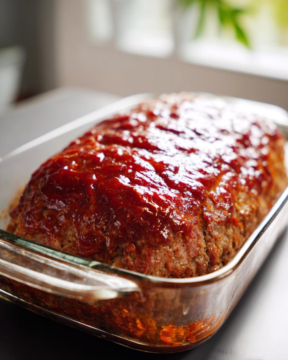 Ein frisch gebackener Bester Hackbraten aus dem Ofen in einer Glasform, bedeckt mit einer glänzenden roten Glasur.