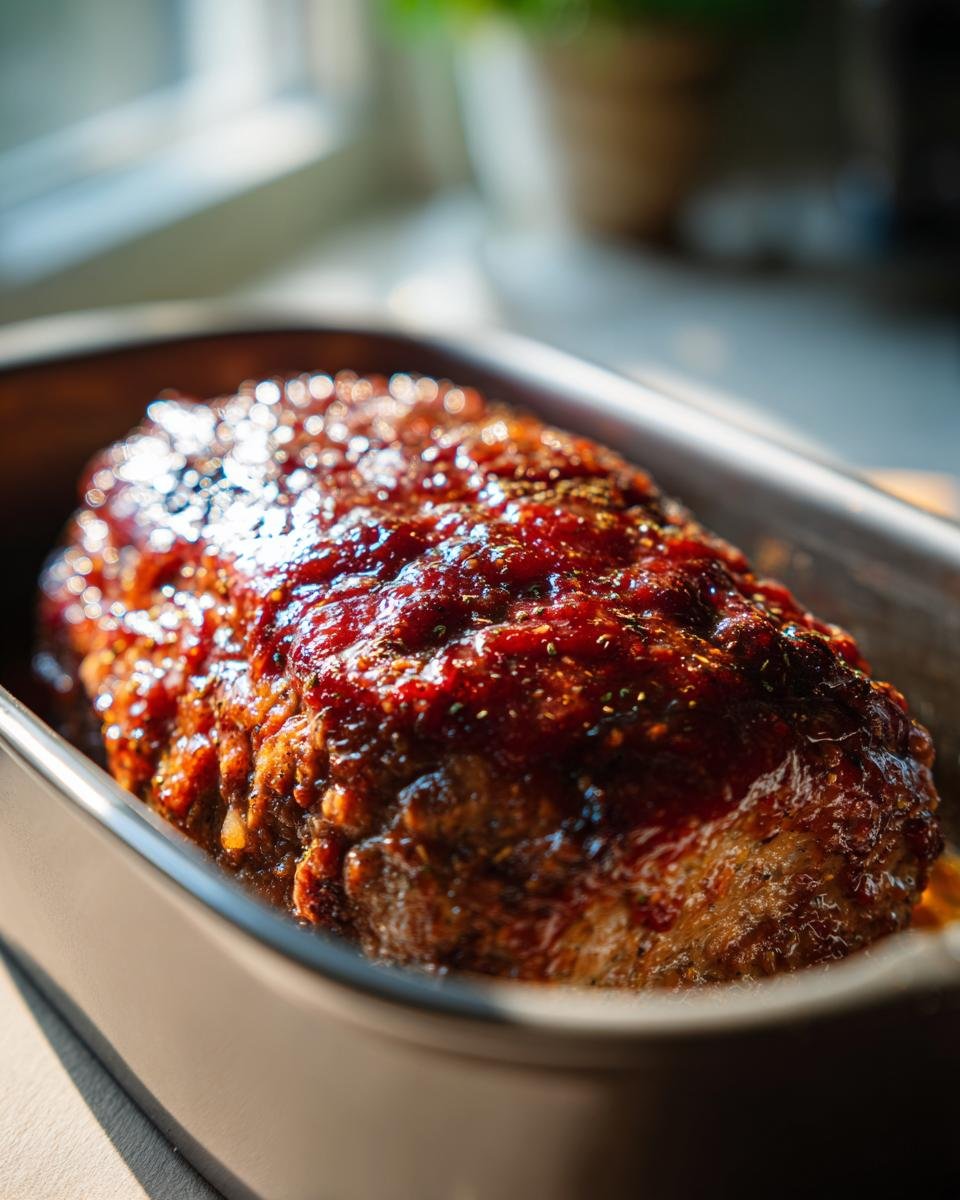 Bester Hackbraten aus dem Ofen in einer Bratpfanne, glasiert mit einer roten Sauce.