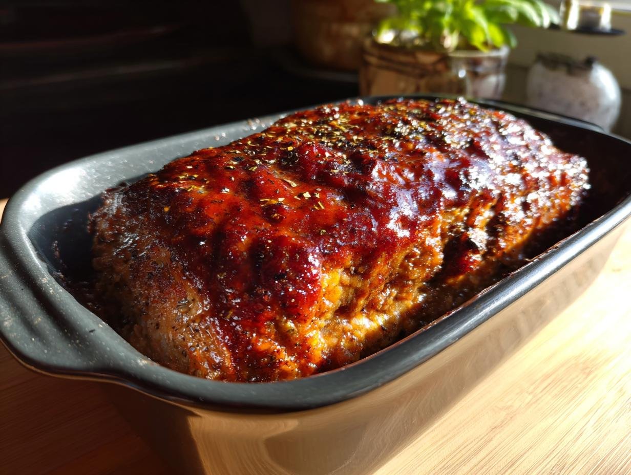 Bester Hackbraten aus dem Ofen in einer Auflaufform, glasiert mit einer roten Sauce und bestreut mit Kräutern.