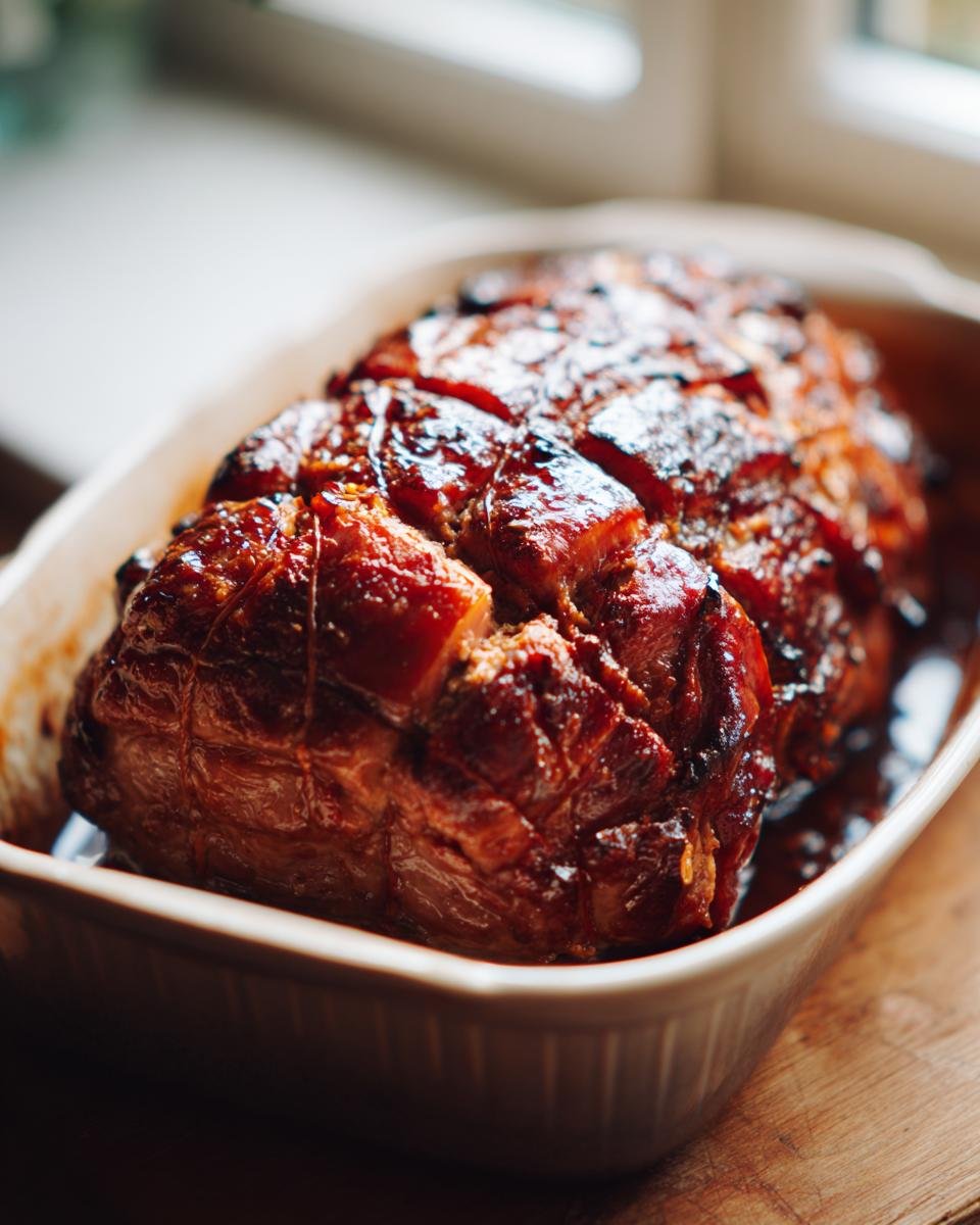 Ein saftiger Bester Hackbraten aus dem Ofen in einem Keramikbräter, glasiert und bereit zum Servieren.