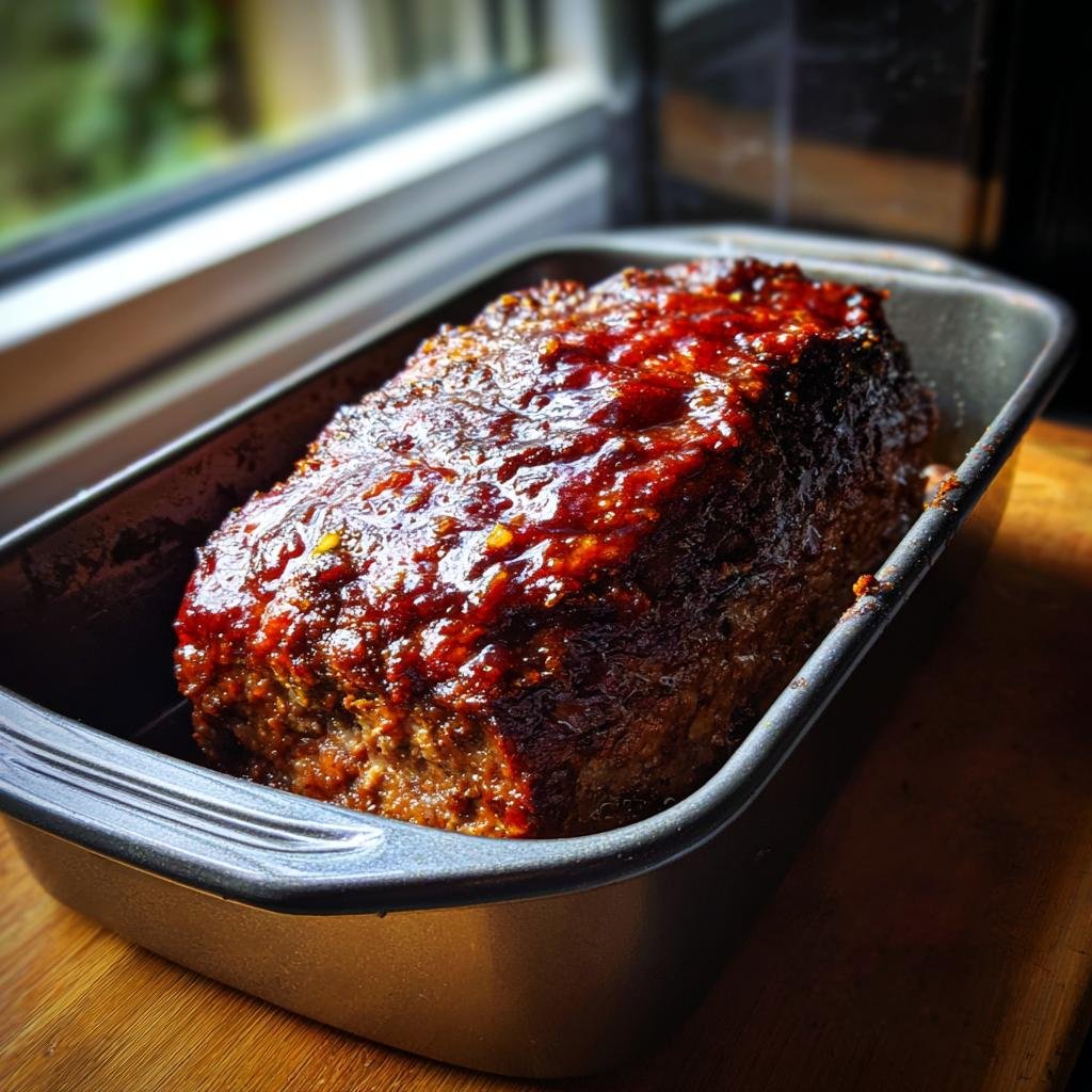 Ein saftiger Bester Hackbraten aus dem Ofen in einer Backform, glasiert mit einer roten Sauce.
