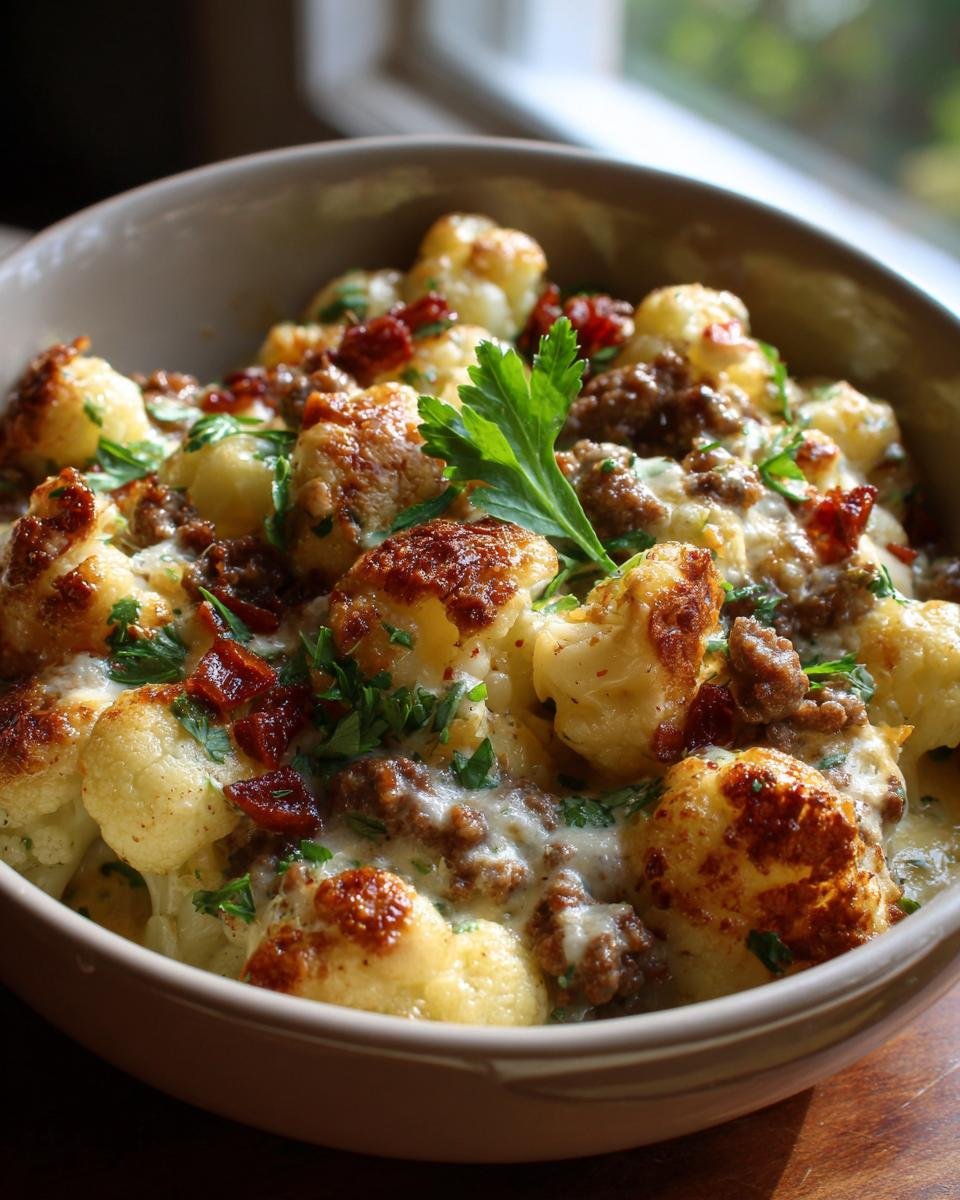 Close-up of a bowl filled with delicious Blumenkohl-Hacktopf, a German cauliflower and minced meat casserole, garnished with parsley.