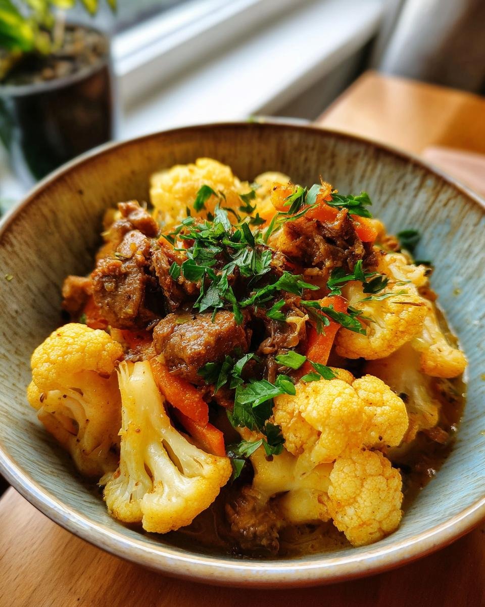 A close-up of a bowl of Blumenkohl-Hacktopf, featuring tender cauliflower florets and savory ground meat in a rich sauce, garnished with fresh parsley.