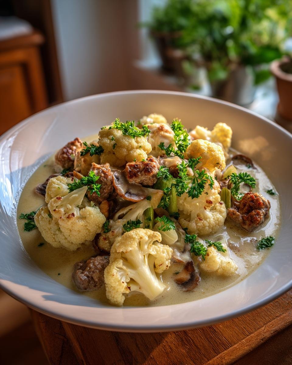 A close-up of a bowl of Blumenkohl-Hacktopf, featuring cauliflower florets, minced meat, and mushrooms in a creamy sauce, garnished with parsley.