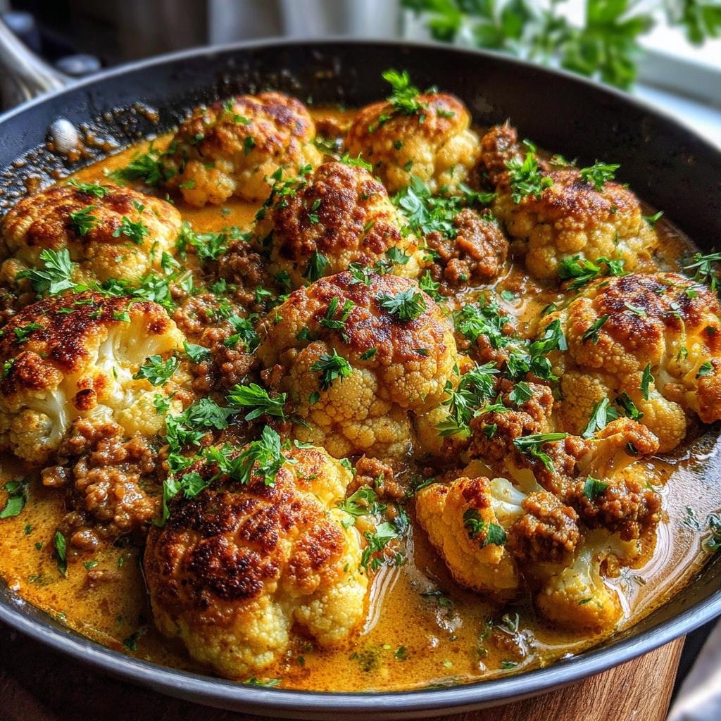 Blumenkohl-Hacktopf in einer Pfanne, garniert mit Petersilie.