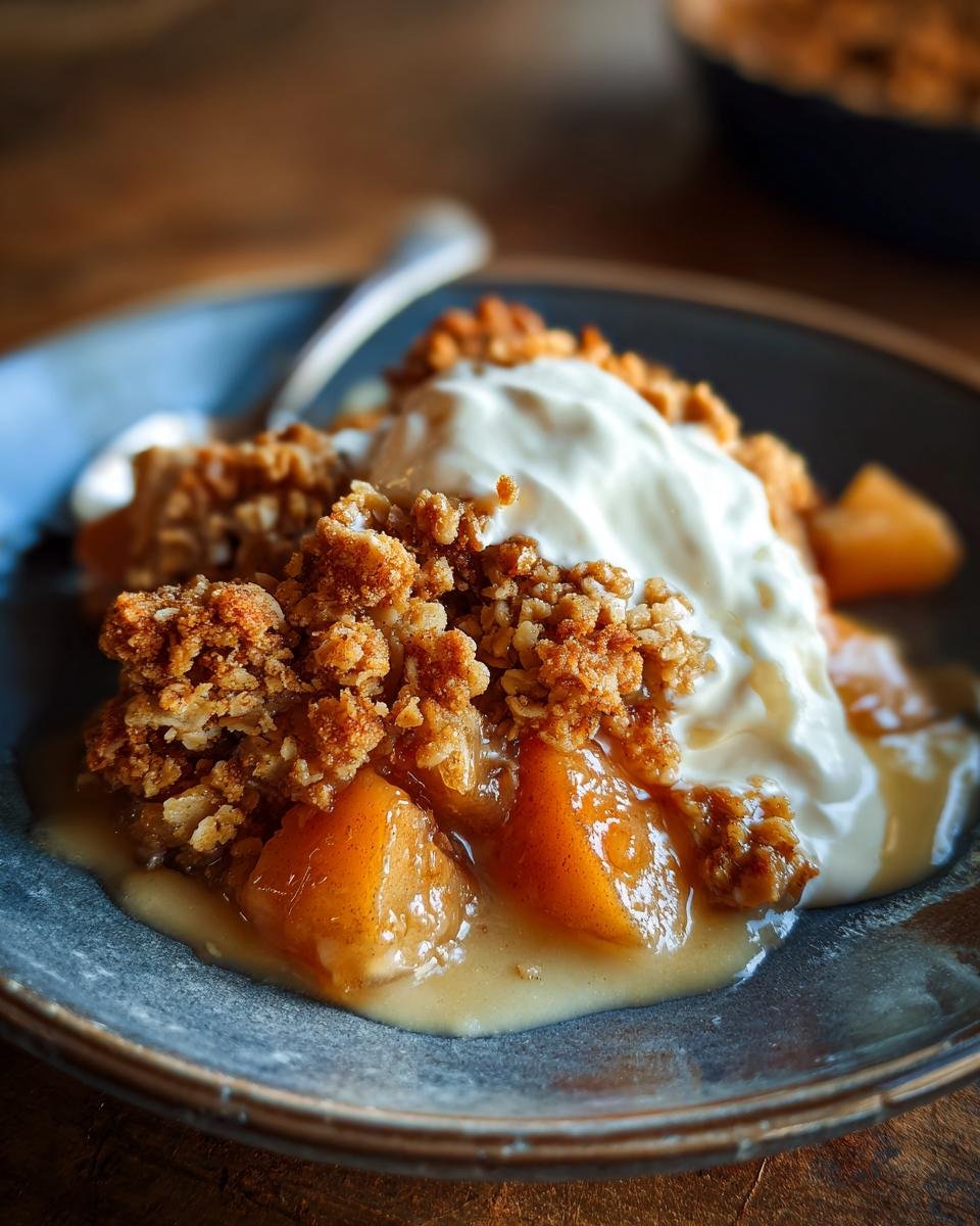 A close-up of Bratapfel Crumble Zimtcreme, featuring baked apples, crunchy crumble topping, and creamy cinnamon sauce.