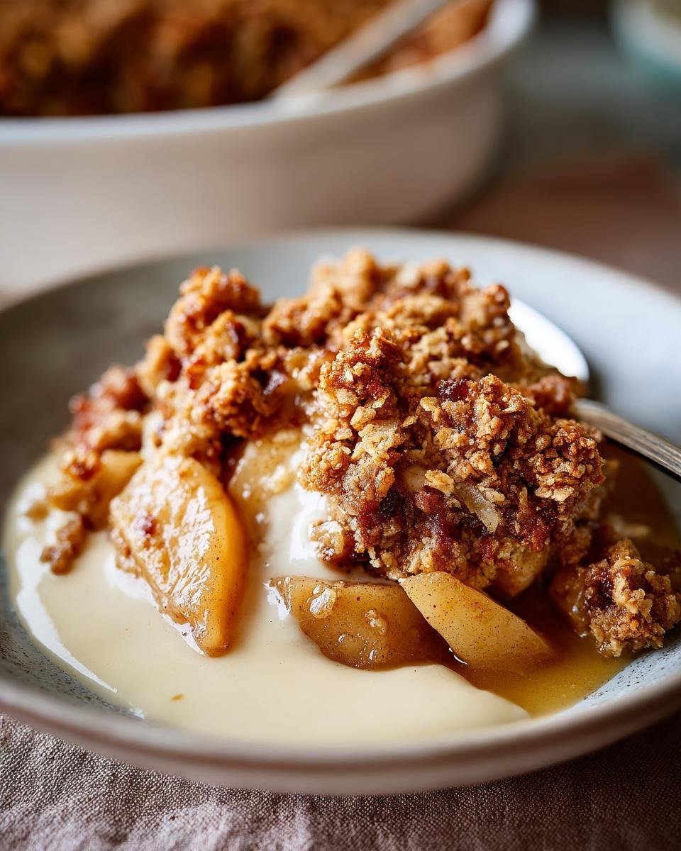 A warm serving of Bratapfel Crumble Zimtcreme in a bowl, with baked apple slices and crunchy crumble topping in a creamy sauce.