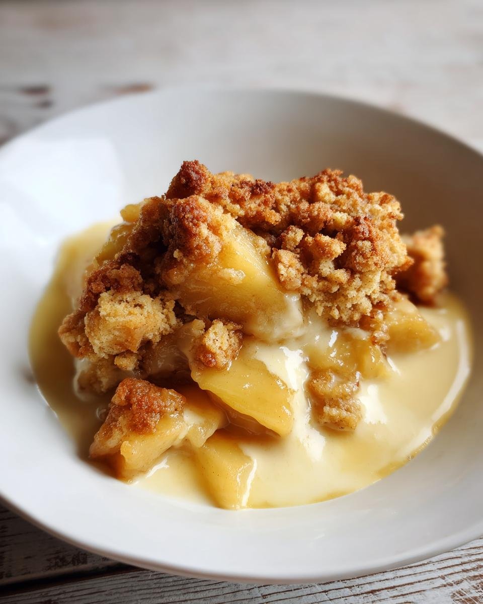 Close-up of Bratapfel Crumble Zimtcreme, featuring baked apples with a crumble topping and creamy cinnamon sauce.
