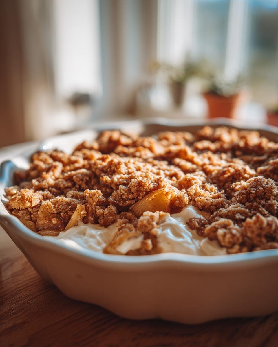 Bratapfel Crumble auf Zimtcreme in einer weißen Auflaufform, mit knuspriger Streuselhaube.