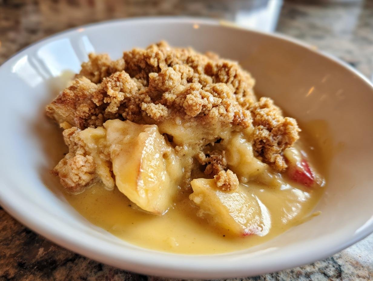 Close-up of a serving of Bratapfel Crumble Zimtcreme, showing baked apples and crumble topping in a creamy sauce.