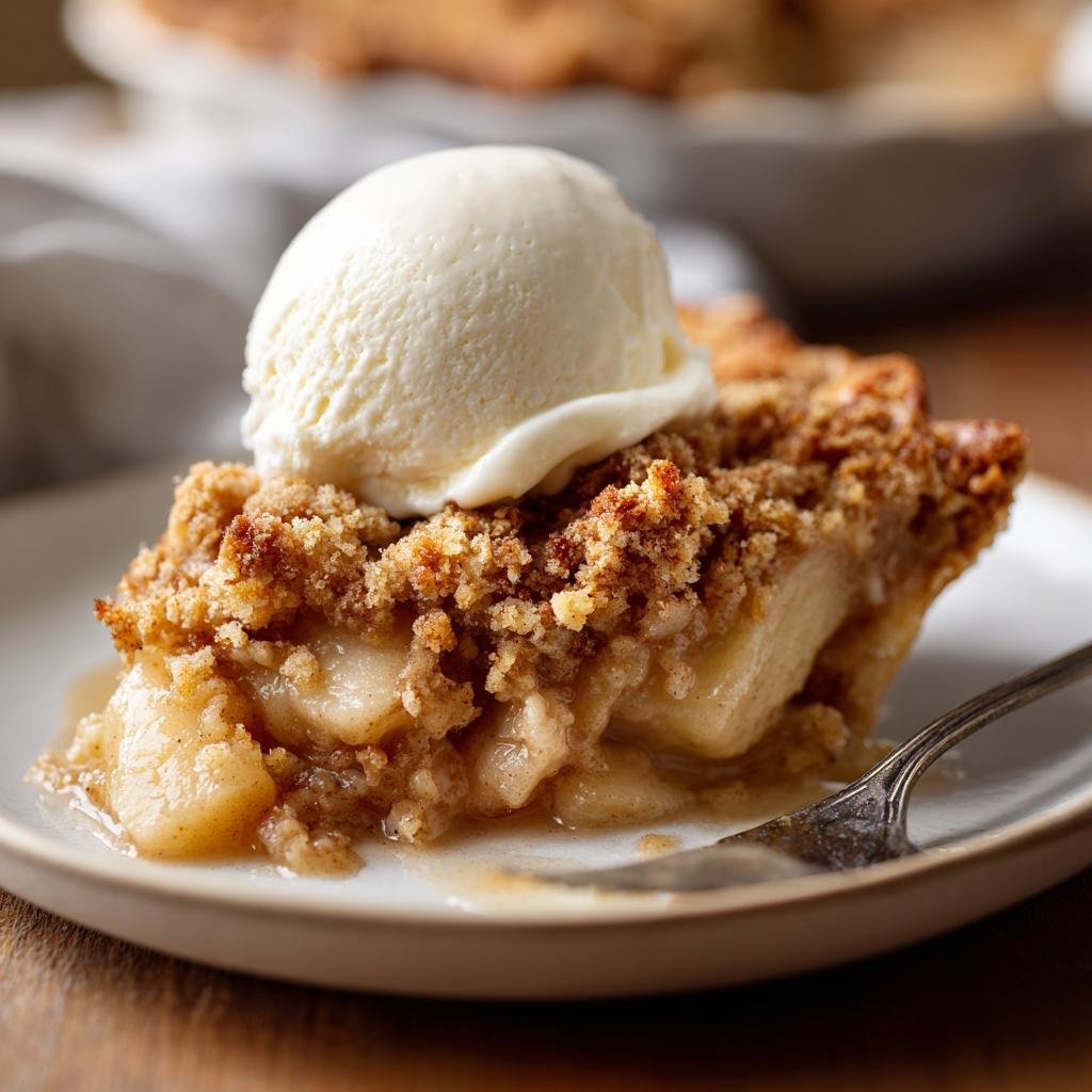Ein Stück Bratapfel Crumble mit Zimtcreme und einer Kugel Vanilleeis, serviert auf einem Teller mit einer Gabel.