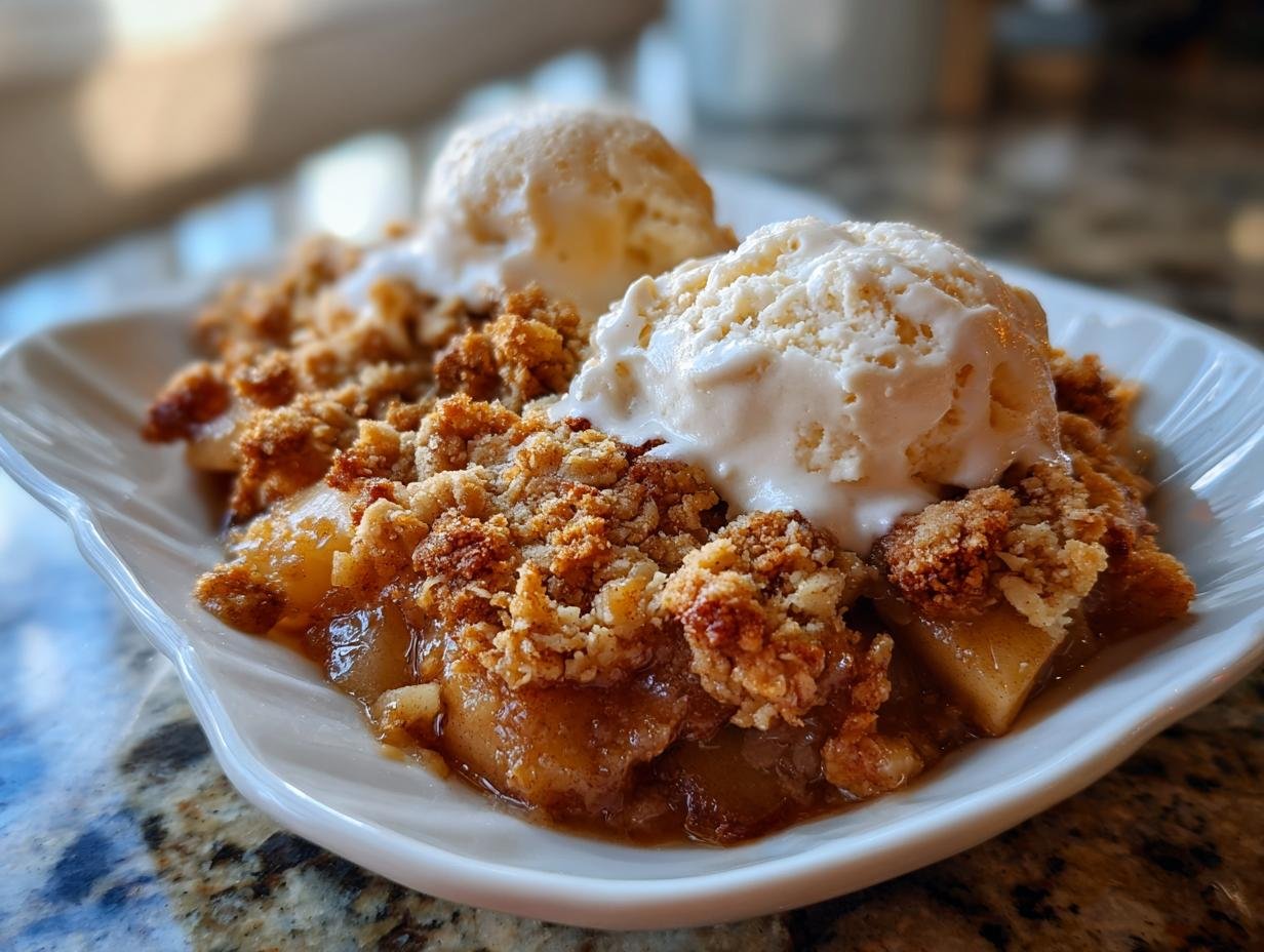 Ein Teller Bratapfel Crumble mit Zimtcreme und Vanilleeis, ein köstliches Dessert.