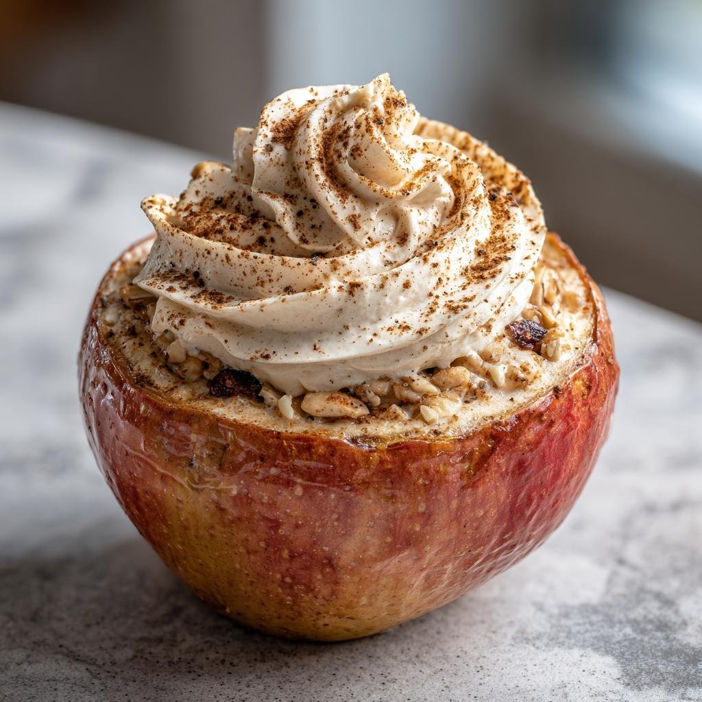 A baked apple filled with nuts and raisins, topped with whipped cream and cinnamon, representing Bratapfel Zimt Creme.