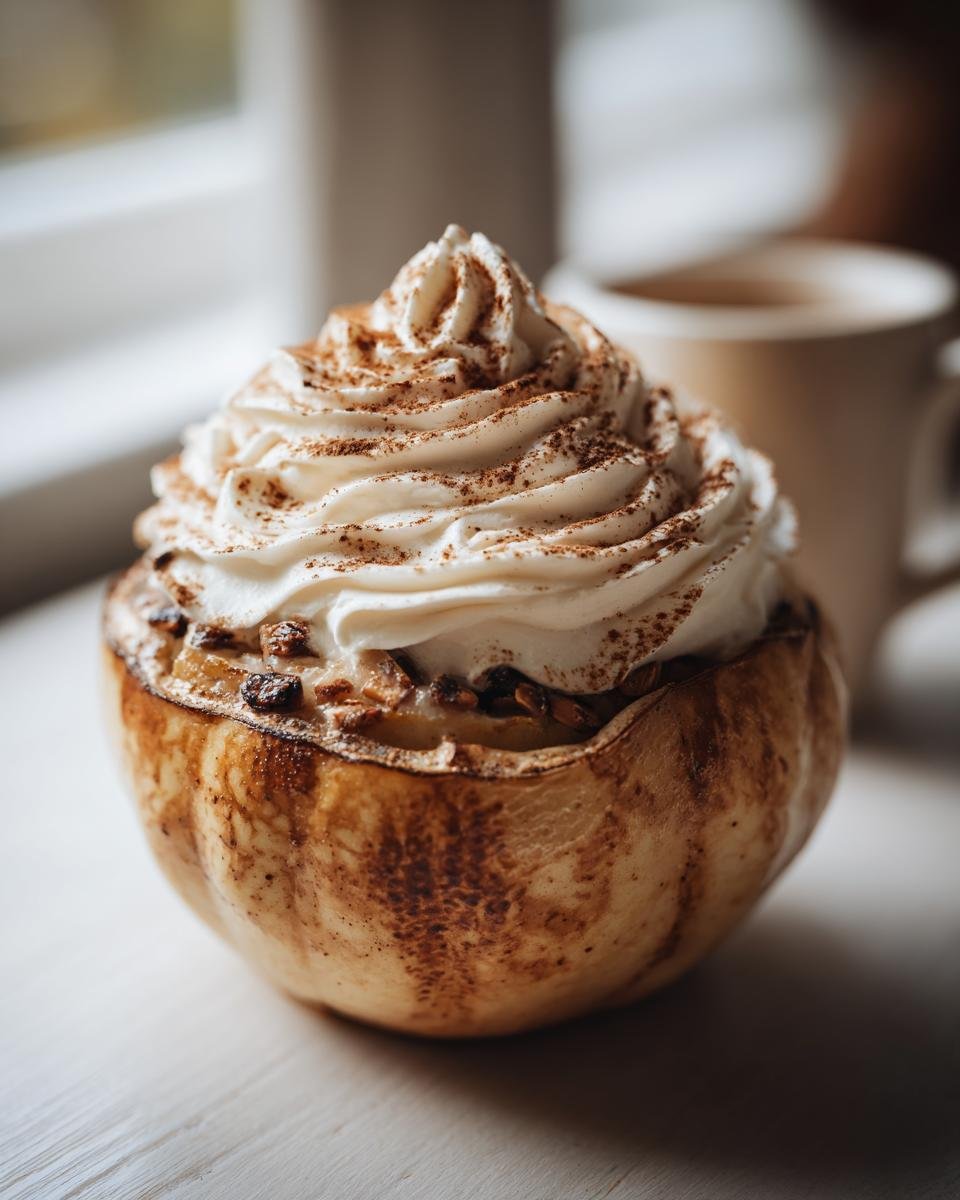 Close-up of a delicious Bratapfel Zimt Creme dessert topped with whipped cream and cinnamon.