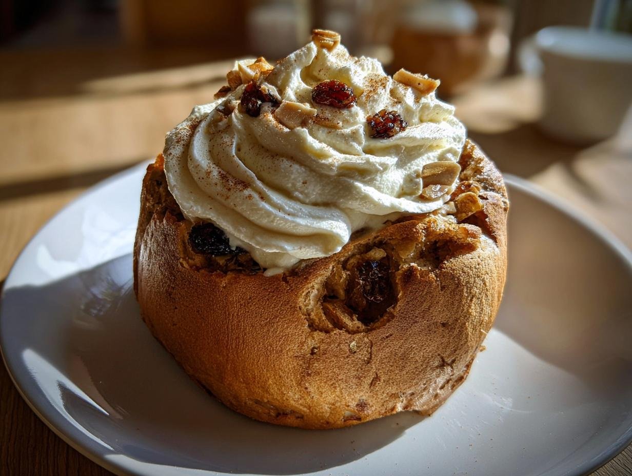 A delicious Bratapfel Zimt Creme dessert topped with whipped cream, raisins, and almonds.