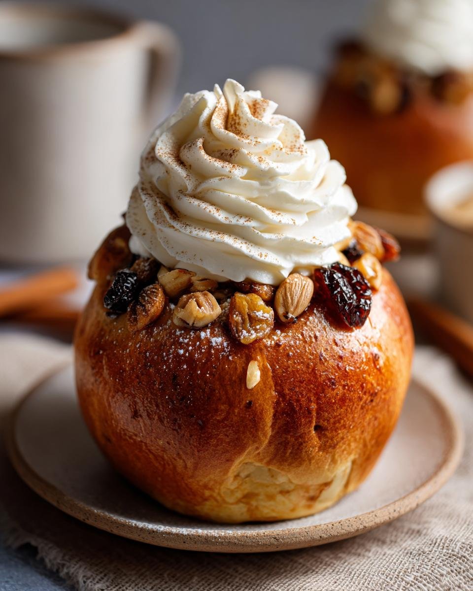 Ein süßes Gebäck mit Bratapfel Zimt Creme, Nüssen und Rosinen, bestäubt mit Puderzucker und Zimt.