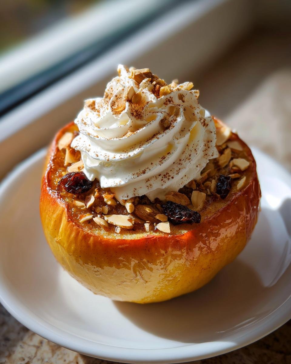 Eine köstliche Bratapfel Zimt Creme, garniert mit Schlagsahne, Mandelsplittern und Rosinen.