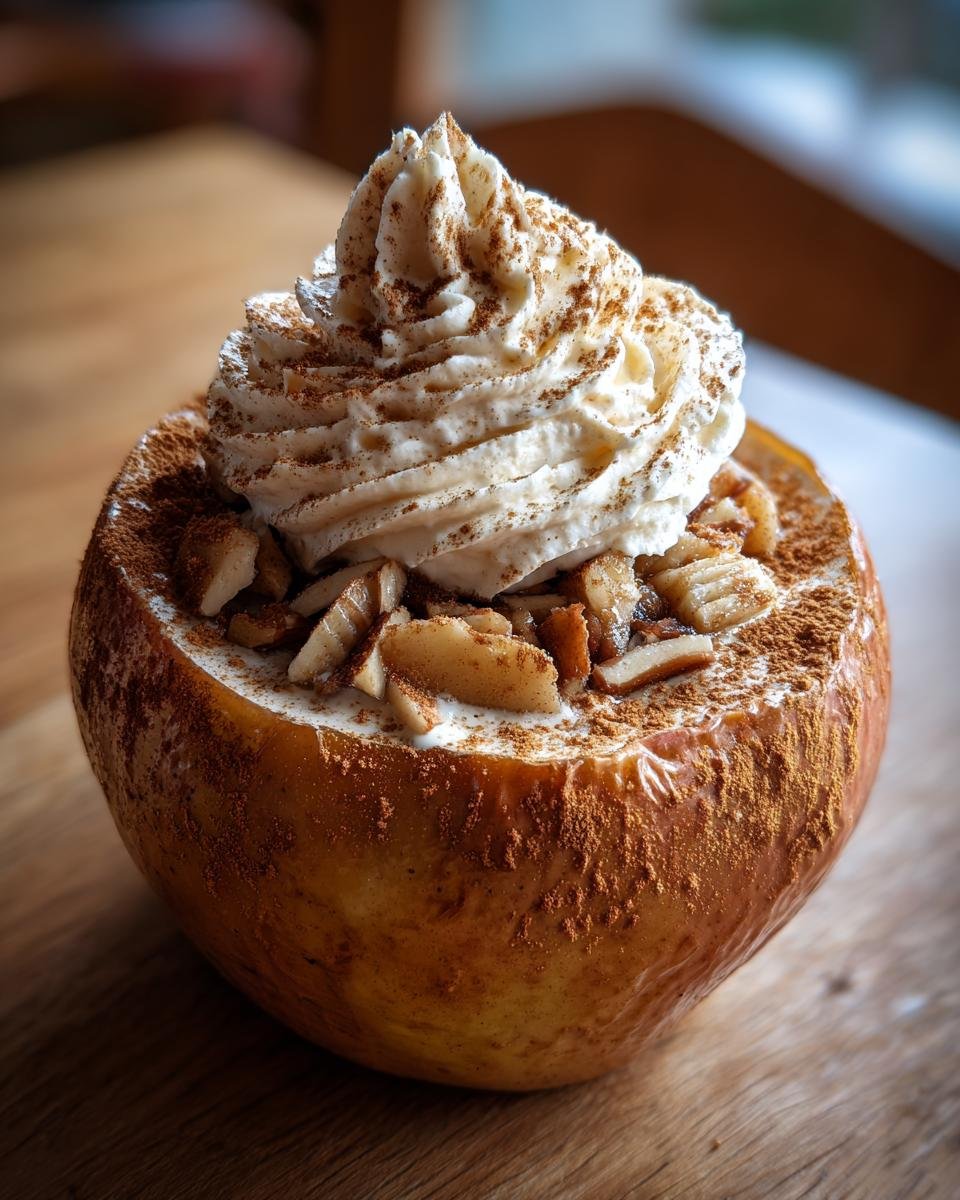 A baked apple filled with cream and nuts, topped with whipped cream and cinnamon, representing Bratapfel Zimt Creme.