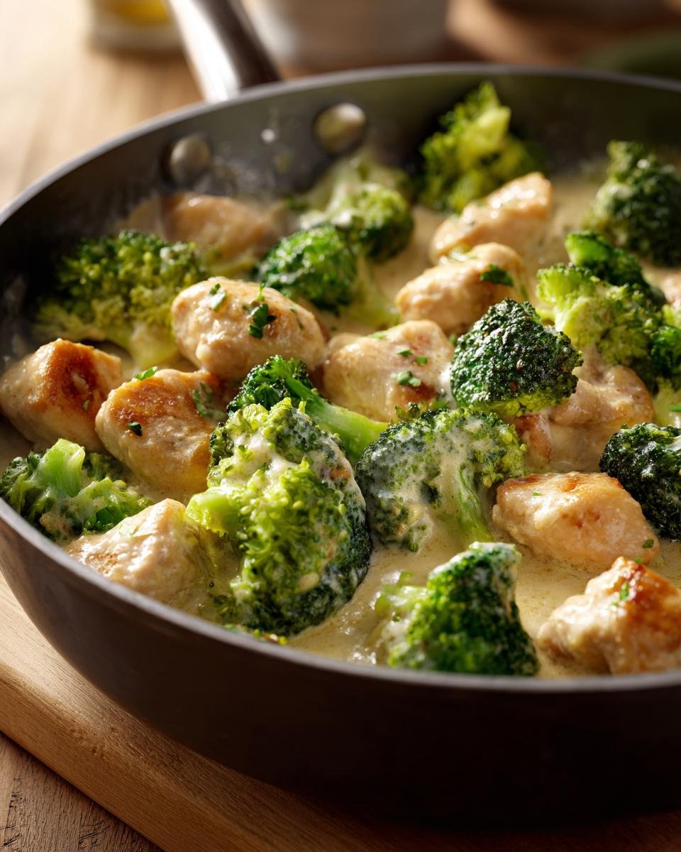 Brokkoli-Hähnchenfilets in cremiger Käsesauce served in a pan, with tender chicken pieces and vibrant broccoli florets.