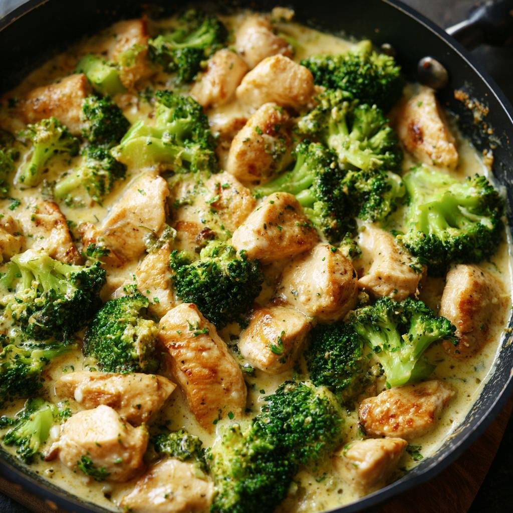 Close-up of Brokkoli-Hähnchenfilets in cremiger Käsesauce, showing tender chicken pieces and vibrant broccoli florets in a rich cheese sauce.