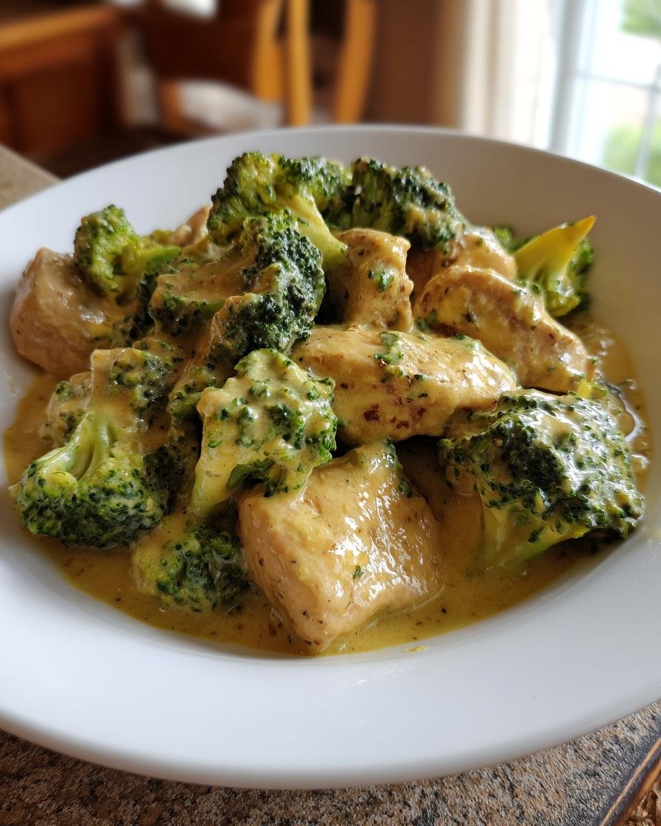 Brokkoli-Hähnchenfilets in cremiger Käsesauce, serviert in einer weißen Schüssel mit frischer Petersilie.