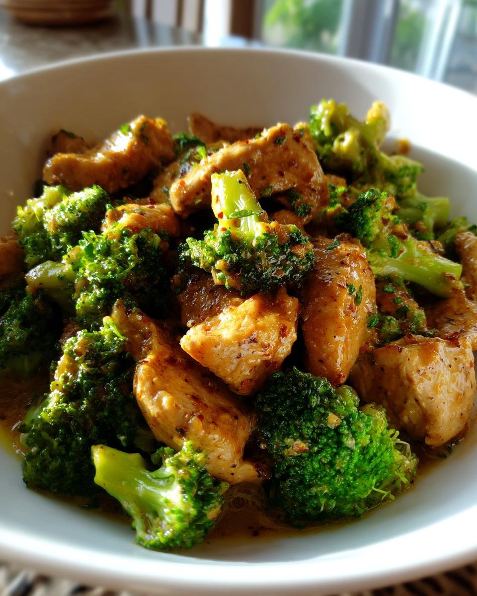 Gourmet-Gericht aus Brokkoli-Hähnchenfilets in cremiger Käsesauce, serviert in einer weißen Schüssel.