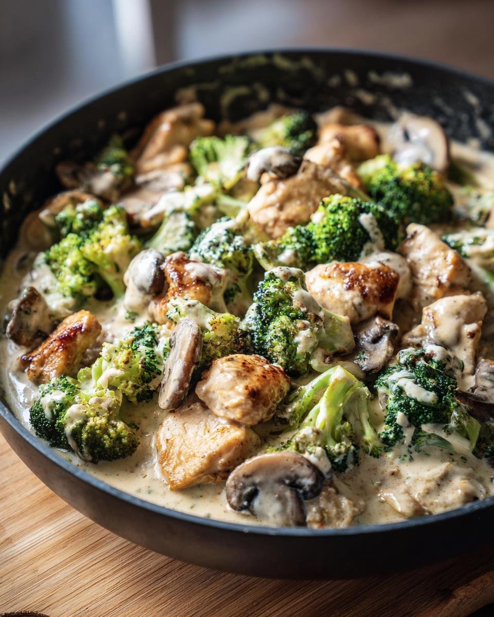 Brokkoli-Hähnchenfilets in cremiger Käsesauce served in a pan with mushrooms.