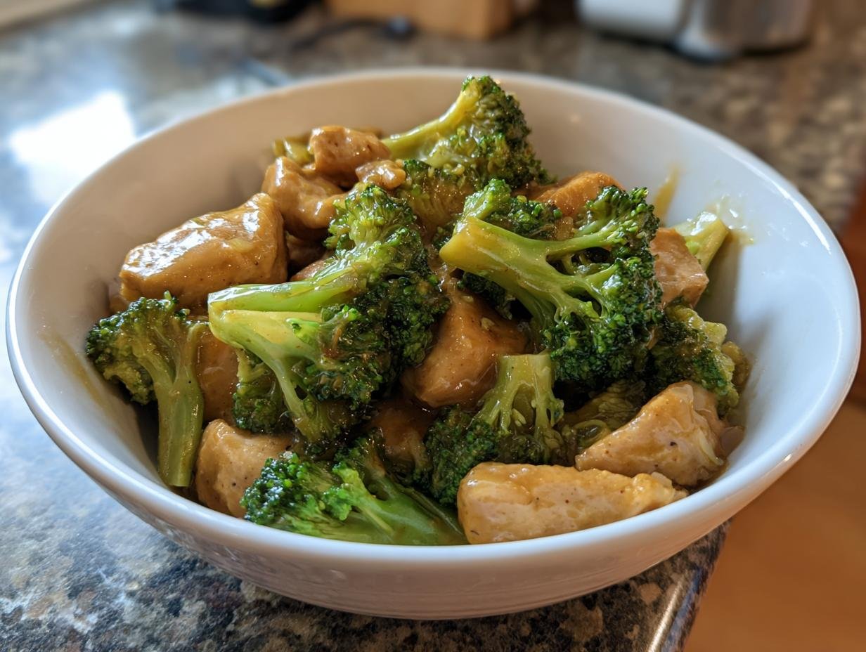 Eine Schüssel mit Brokkoli-Hähnchenfilets in cremiger Käsesauce, ein herzhaftes deutsches Gericht.